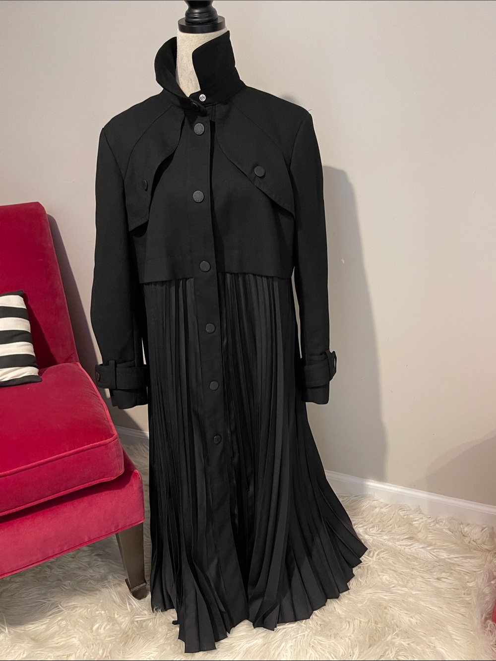 Sandro 42 Elegant Black Pleated Long Dress Trench Coat - Picture 1 of 5